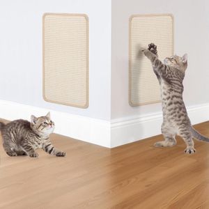 Set van 2 (40 x 20 cm) kattenkrabplanken, kattenkrabmat, kattenkrabplank muur, kattenkrabplanken, krabmat voor katten met plakband, kattenmuur krabmat (beige)