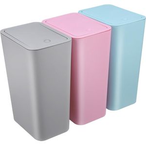 Set van 3 badkamerafvalbakken, 10 liter cosmetica-emmer met pop-up deksel, kleine afvalbak voor badkamer, kantoor, keuken, slaapkamer, keukenafvalbak van PP-materiaal (blauw, roze, grijs)