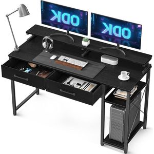 Bureautafel computertafel met planken en laden - monitorstandaard - boekenkast - pc-tafel - kantoortafel - thuiskantoor - 120 x 50 x 87 cm - zwart