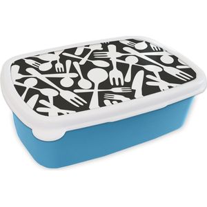 Broodtrommel Blauw - Lunchbox - Brooddoos - Bestek - Patronen - Zwart Wit - 18x12x6 cm - Kinderen - Jongen