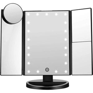 UNIQ Trifold Make Up Spiegel met LED verlichting en 2 vergrootspiegels - Staande spiegel - 21 LED-lampjes - op batterijen en USB (kabel incl) - Zwart