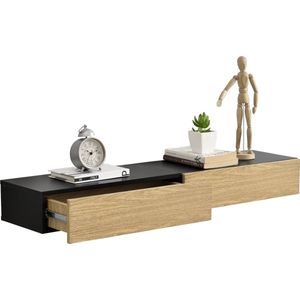 Wandplank Delroy - Met Lade - 50x24x12cm - Set van 2 - Zwart en Houtlook - Spaanplaat - Stijlvolle uitstraling