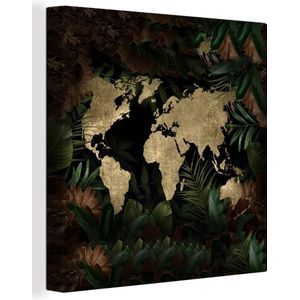 Canvas Wereldkaart - 50x50 - Wanddecoratie Wereldkaart - Planten - Retro