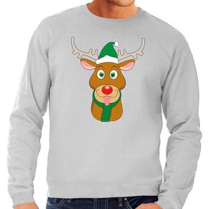 Foute kersttrui / sweater met Rudolf het rendier met groene kerstmuts grijs voor heren - Kersttruien XL