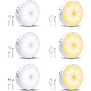 Nachtlampje met bewegingsmelder en magneet - Oplaadbaar - USB - Kastverlichting - Warm Wit en Koud Wit LED - Schemersensor (UIT/Warm/Wit) - Voor kinderen - Kinderkamers - Badkamers - Keukens - Trappen - 6 stuks