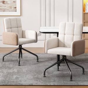 Sweiko Fluwelen Eetkamerstoel, Kleurenblokkeerstoel, 2-delige set, fauteuil, draaibaar, woonkamer, slaapkamer, draaistoel, bureaustoel, vierkante frame lounge stoel, Beige