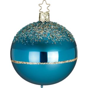 Glitters on Top - Twee Kerstballen Cyaan Blauw met Gouden Glittersteentjes