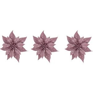 4x stuks decoratie bloemen kerststerren roze glitter op clip 18 cm - Decoratiebloemen/kerstboomversiering/kerstversiering