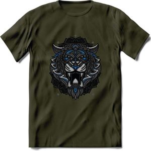 Tijger - Dieren Mandala T-Shirt | Blauw | Grappig Verjaardag Zentangle Dierenkop Cadeau Shirt | Dames - Heren - Unisex | Wildlife Tshirt Kleding Kado | - Leger Groen - XL