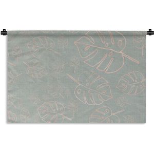 Wandkleed Luxe patroon - Luxe patroon met glimmende en roze bladeren tegen een blauwe achtergrond Wandkleed katoen 90x60 cm - Wandtapijt met foto
