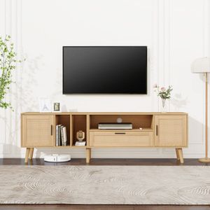 Ruim tv-meubel van 180 cm met rotandecoratie, 2 deuren en een lade, massief houten poten, biedt plaats aan een 80 inch tv, tv-opbergkast, tv-kast