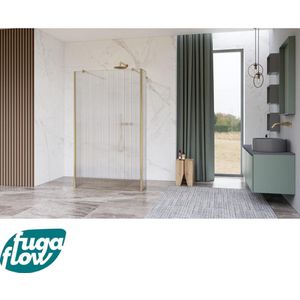 FugaFlow Eccelente Vetro Vrijstaande inloopdouche badkamer - 160x200cm - Helder geribbeld - antikalk - 8mm veiligheidsglas - 2 zijwanden 30cm - met wandarmen en hoekprofielen - Messing geborsteld (goud) -