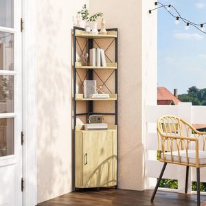 Hoekplank met 4 Niveaus – Industriële Boekenkast met Kast, Vrijstaand Opbergrek in Houtkleur