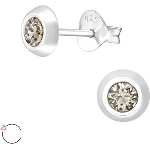 Joy|S - Zilveren ronde oorbellen - 5 mm - grijs Swarovski kristal