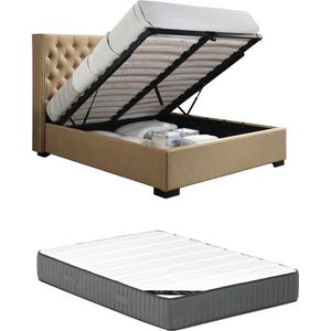 Vente-unique Bed met opbergruimte – 160 x 200 cm – Met gecapitonneerd hoofdbord – Stof – Beige – Met matras – MASSIMO L 177 cm x H 142.5 cm x D 214.5 cm