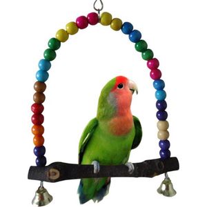 Vogel Schommel Hout - Kralen - Belletjes 15 x 15 cm - Vogelkooi - Parkieten Papegaaien Speelgoed - Kanarie