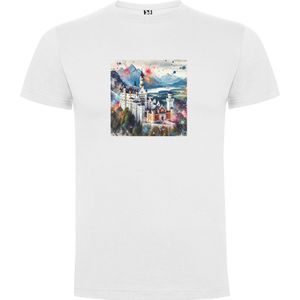 Wit T-Shirt met “ Kleurrijke Slot Neuschwanstein Duitsland “ Print Full Color Maat S