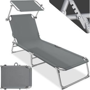 tectake®- Ligbed - Zonnebed 4-standen rugleuning - Incl. zonnedakje - Opvouwbaar en draagbaar, met handgreep - grijs