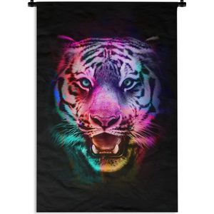 Wandkleed TijgerKerst illustraties - Kleurrijke tijgerkop tegen een zwarte achtergrond Wandkleed katoen 60x90 cm - Wandtapijt met foto