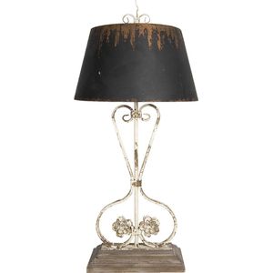 HAES DECO - Tafellamp - Shabby Chic - Vintage / Retro Lamp, formaat 48x48x105 cm - Bruin / Wit in Hout en Metaal - Bureaulamp, Nachtlamp, Sfeerlamp