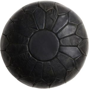 Marokkaanse Leren Poef zwart - Rond - Handgemaakt - Ø60 x 35cm - Gevuld geleverd