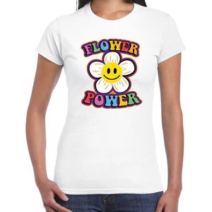 Toppers Jaren 60 Flower Power verkleed shirt wit met emoticon bloem dames - Sixties/jaren 60 kleding XS