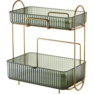 2 Tier Makeup Organizer for Bathroom and Bedroom - Large Capacity Cosmetic Holder Shelf (Green)