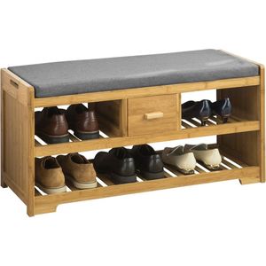 Bamboe Schoenenbank met Kussen - Schoenenrek - Opbergbank - 2 Planken en Lade - Ruimtebesparend - Comfortabele zitplaatsen - Milieuvriendelijk - 91 cm x 45 cm x 34 cm