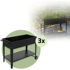 ML-Design Set van 3 Metalen Verhoogde Bedden Mobiel, 98x50x79,5 cm, Zwart, Verrijdbare Plantenbak met Plank, Wielen en Handvat, Plantenbak voor Tuin en Balkon, Tuinbed Groentenbak Kruidenbak Bloembak