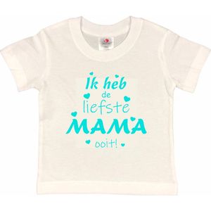 T-shirt Kinderen ""Ik heb de liefste mama ooit!"" Moederdag | korte mouw | Wit/aquablauw | maat 134/140