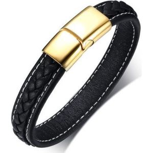 Schitterende Zwart Leren Armband Sluiting Goud | Damesarmband | Herenarmband