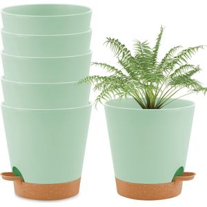 Plastic bloempotten met irrigatiesysteem, set van 6 zelfwater gevende plantenbakken met schotel, ronde plantenpot voor binnen en balkon tuinplanten vetplanten cactus (20 cm groen)