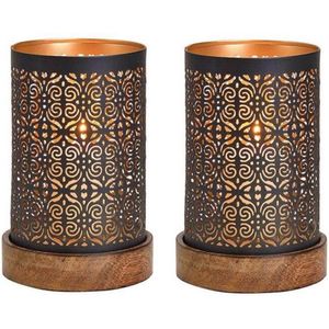 2x Waxinelicht/theelicht houders zwart/koper op houten voet 18 x 10 cm - Woonaccessoires/woondecoraties kaarsenhouders