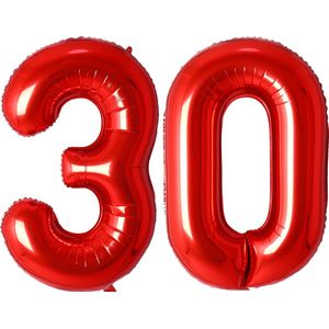 Folie Ballon Cijfer 30 Jaar Rood Verjaardag Versiering Cijfer ballonnen Feest versiering Met Rietje - 36Cm