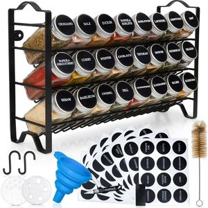 Kruidenrek - Kruidenrek Met Kruidenpotjes, 3-Laags Metalen Kruiden Organizer, Keuken Sorteerset Met 24 Kruidenpotjes, 48 Etiketten, Borstel, Trechter, Haken, Vrijstaand of Aan de Muur te Maken, Zwart