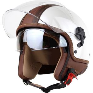 Motocubo - top cube - jethelm - dubbel vizier - wit - bruin leer - maat S - snorfiets, scooter en motorhelm - ECE 22.06