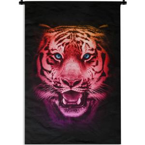 Wandkleed TijgerKerst illustraties - Gekleurde kop van een tijger tegen een zwarte achtergrond Wandkleed katoen 60x90 cm - Wandtapijt met foto