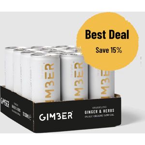 Gimber Tray 12 x 250ml - 3 liter - GIMBER Ready To Drink - 12 blikjes RTD biologische & sprankelende gemberdrank met citroen, kruiden & specerijen volgens het perfect gemengde recept
