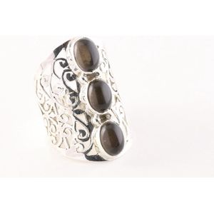 Langwerpige opengewerkte zilveren ring met rookkwarts - maat 18.5