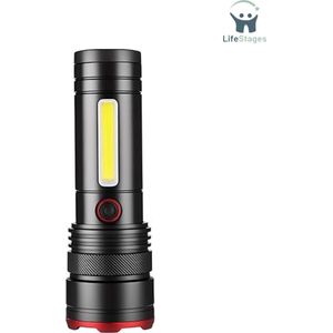 LifeStages - Noodzaklamp - Aluminium LED Zaklamp - Zoombare Mini-Handlamp Met 4 Lichtstanden - Waterdicht - Zwart - Zilver