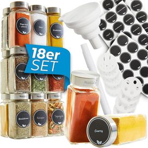 NESTORY kruidenpotjes set - 18 stuks kruidenpotjes met RVS deksel 120ml luchtdicht - vierkant 10,5x4,5cm incl. trechter, etiketten, krijtstift, sproeier opzetstukken