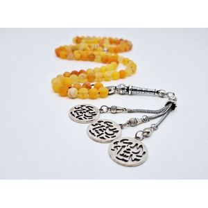 Handgemaakte tesbih ""Tasbih"" natuursteen ""Oranje frosted agaat"" - Aantal kralen 99 - Diameter kralen 8MM - met metaal tassel ""Masha' Allah-1"" - Een mooi cadeau-idee