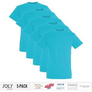 5 Pack Sol's Jongens/Meisjes T-Shirt 100% biologisch katoen Ronde hals Aqua Blauw Maat 142/152 (11-12 Jaar)