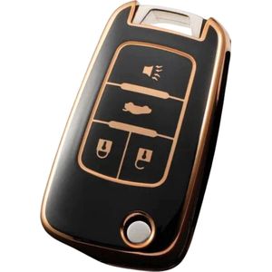 Zachte TPU Sleutelcover - Geschikt voor Opel Astra / Corsa / Insignia / Mokka / Zafira / Insignia / Chervrolet Cruze / Spark - 4 Knops - Zwart met Goud - Sleutel Hoesje Cover - Auto Accessoires
