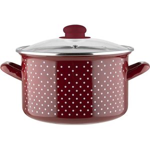 Emalia ''Retro Red'' klassieke geëmailleerde kookpan met glazen deksel - 22 cm - 5.3L - rood / wit - geschikt voor alle warmtebronnen - retro design - emaille