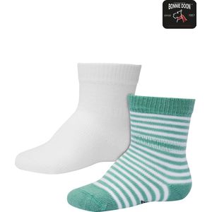 Bonnie Doon Sokken Set Gestreept en Effen voor Baby's Groen/Wit 4-8 mnd - Organisch Katoen - 2 paar - GOTS gecertificeerd - Stay-on-socks - Unisex - Jongens - Meisjes - Zakt niet Af - 2-pack Multipack - Beryl Green - OL0441012.483