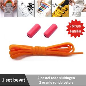 2 paar oranje ronde elastische veters met pastel rode sluitingen. Je hoeft voortaan nooit meer je veters te strikken