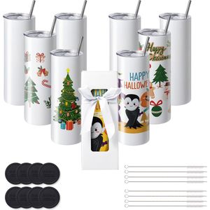 VEVOR 8-Pack Rechte Sublimatiebekers , Capaciteit van 591,5 ml, RVS Dubbelwandige Bekers , Transparant Plastic Deksel , met Rietje, Borstel , Bodem , Krimpfolie, Geschenkdoos , voor Hittepers en Warmteoverdracht