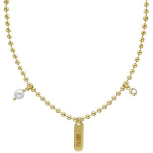 Cadeau voor haar - Victoria Cruz A4525-07DG Zilveren Ketting met tekst MOM - Parel 5mm - Kristal 4mm - Bolletjes 2,5mm - 45+5cm - Zilver - Verguld/Goud op Zilver