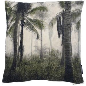 Sierkussen - Fluweel Palm Fluweel Palmbomen Jungle - Groen En Beige - 45 Cm X 45 Cm